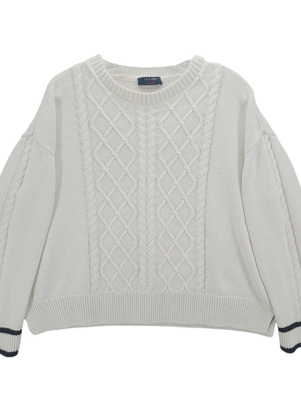 SAINT JAMES Trevise White Cable Knit Pullover Sweater Blue Trim Size US 12